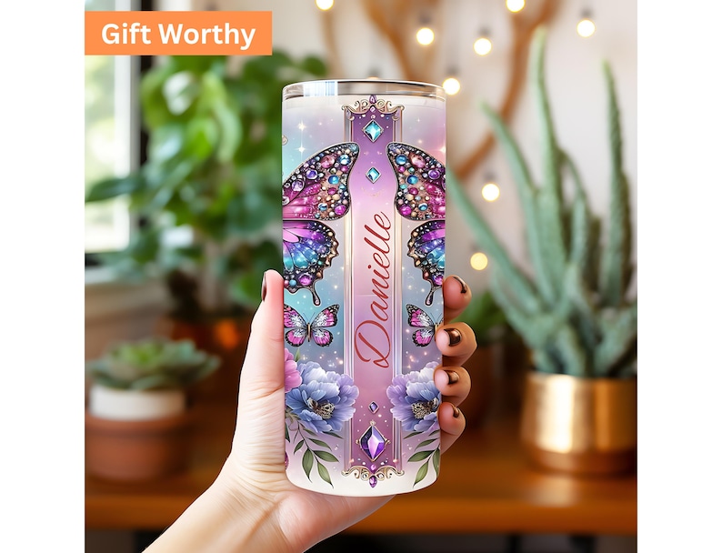 Adesivo per bicchiere termico con farfalla gioiello: design floreale a sublimazione (bicchiere termico sottile da 20 oz PNG) immagine 7