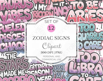 Zodiac Graffiti PNG Clipart Bundle: Urban Astrology, Funny Star Signs (Digital Download for Sublimation)