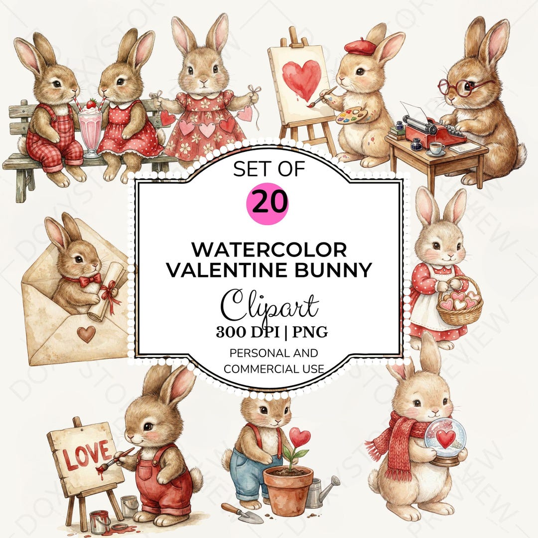 Watercolor Valentine Bunny Clipart PNG, Cute Rabbit Sublimation ...