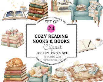 Cozy Reading Nooks & Books Clipart PNG Bundle, 24 Watercolor Book Lover Illustrations