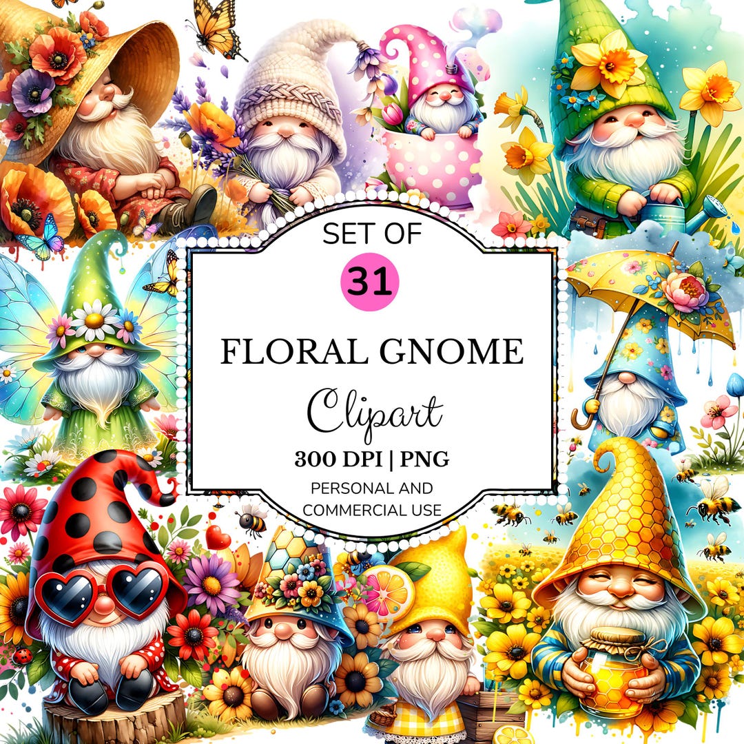 31 Floral Gnome PNG Clipart Bundle | Cute Pastel Gnomes With Flowers ...