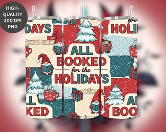 Christmas Gnome Tumbler Wrap: Book Lover 20oz Skinny Sublimation (PNG Digital Download)