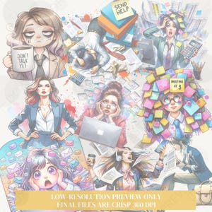Watercolor Working Girl Clipart Bundle: Quirky Office Art (Digital Download PNG Set 5000x5000px ) image 2