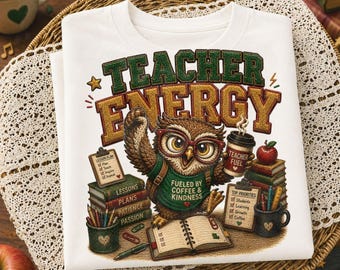 Retro Owl Teacher Energy PNG, Coffee Fuel School Sublimation Design (Digital Download)