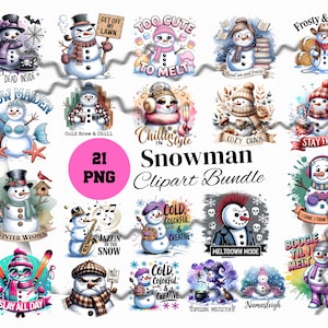 Ensemble de cliparts drôle de bonhomme de neige, dessins PNG hiver, ensemble de clipart vacances, traîneau toute la journée, bonhomme de neige sorcière, PNG festif, téléchargement immédiat