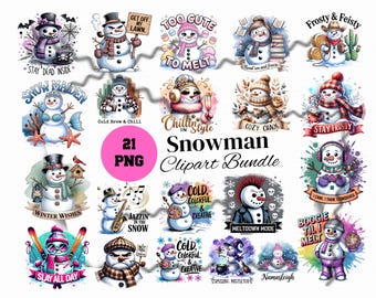 Funny Snowman Clipart Bundle Set, Winter PNG Designs, Holiday Clip Art Set, Sleigh All Day, Witch Snowman, Festive PNG, Instant Download