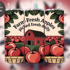 Farm Fresh Apples Tumbler Wrap PNG: Rustic Orchard Sublimation Design