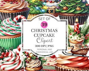 Watercolor Christmas Cupcake Clipart Bundle: Holiday PNG Images (Digital Download)