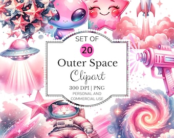 May include: A set of 20 outer space clipart images in pink, purple, and white. The illustrations feature an alien, a star with a face, a rocket, a ray gun, a cat in a spacesuit, a UFO, and a swirling galaxy. The images are suitable for personal and commercial use.