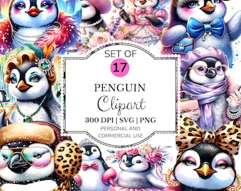 Glam Penguin-clipartbundel: aquarel, mode, png (digitale download)