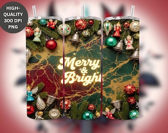 Christmas Ornament Tumbler Wrap: Merry & Bright Pine Garland 20oz Skinny Tumbler PNG (Digital Download)