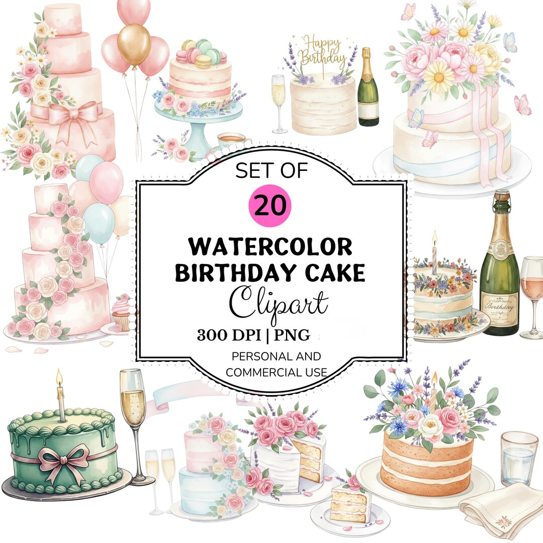 Watercolor Birthday Cake Clipart Set, Whimsical Floral Party Pngs ...