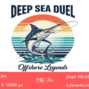 Puede incluir: Diseño gráfico de un marlín saltando de las olas, con una caña de pescar. El diseño incluye el texto "DEEP SEA DUEL" y "Offshore Legends", sobre un fondo de puesta de sol retro.