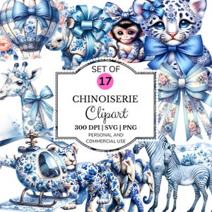 Clipart di Chinoiserie Safari in formato SVG e PNG, animali della giungla in porcellana blu e fiocchi Coquette, clipart di cuccioli di animale e set per sublimazione digitale