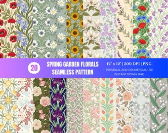 Pacchetto di carta digitale floreale primaverile: motivi senza soluzione di continuità con tulipani e margherite (download digitale)