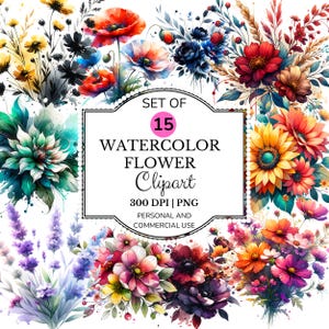Watercolor Flower Clipart PNG Bundle, Abstract Floral Art, Hand Painted Botanical Clip Art,Colorful Flowers for Sublimation,Digital Download