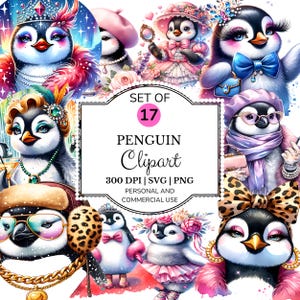Paquete de imágenes prediseñadas de pingüino glamuroso (PNG), imágenes prediseñadas de acuarela de pingüino de moda, sublimación de pingüino atrevido, pingüino coqueto (PNG), descarga digital