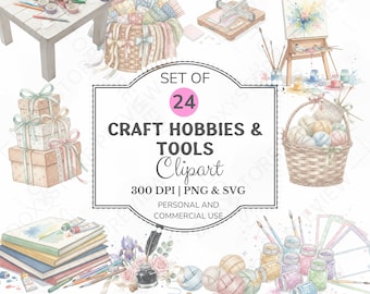 Craft Hobbies & Tools Clipart PNG Bundle, 24 Watercolor Sewing Painting DIY Icons