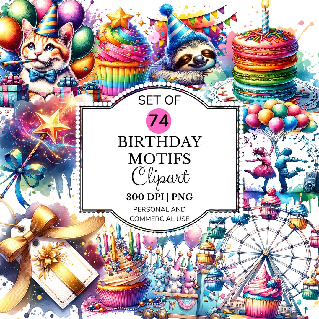 Birthday Party Clipart PNG Bundle: Pastel Cake, Balloons, Hats (digital ...