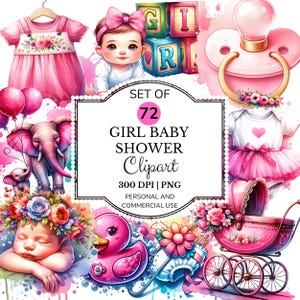 68 PNG Girl Baby Shower Clipart Bundle, Cute Baby Girl Sublimation PNG, Pink Baby Shower Graphics, It’s a Girl Baby Clip Art Set
