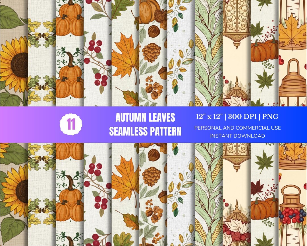 Autumn Pumpkin Digital Paper Pack, 11 Seamless Fall Leaf & Acorn ...