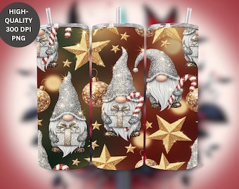 Glitter Christmas Gnome 20oz Tumbler Wrap, Holiday Sublimation Design (PNG)