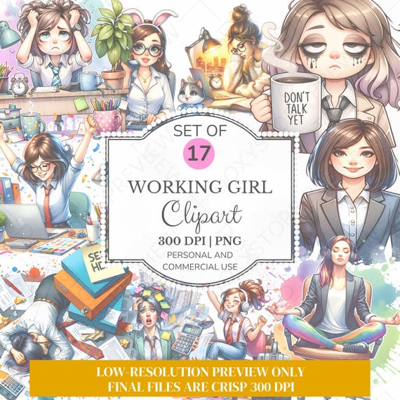 Watercolor Working Girl Clipart Bundle: Quirky Office Art (Digital Download PNG Set 5000x5000px )