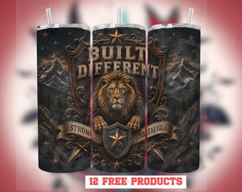 Built Different Tumbler Wrap PNG for 20oz Skinny Cups, Masculine Lion Sublimation Download