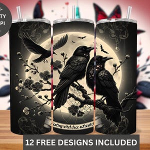 Raven Tumbler Wrap, Witchy 20 oz Skinny Tumbler Sublimation Design, Halloween Tumbler, Digital Download PNG, Gothic Birds, Instant Download
