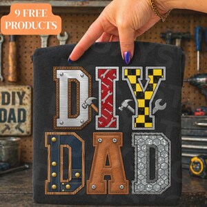 May include: Black t-shirt with the words "DIY DAD" in a bold, patchwork design. The letters are styled with various textures, including denim, leather, and metal, and tools like hammers and wrenches. The top left corner has a label that says "9 FREE PRODUCTS".