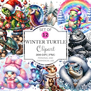 Winter Schildkröte Clipart Set, Urlaub PNG, Weihnachten niedlichen Tier Kunst, digitale Aufkleber Designs, druckbares Handwerk, digitaler Download