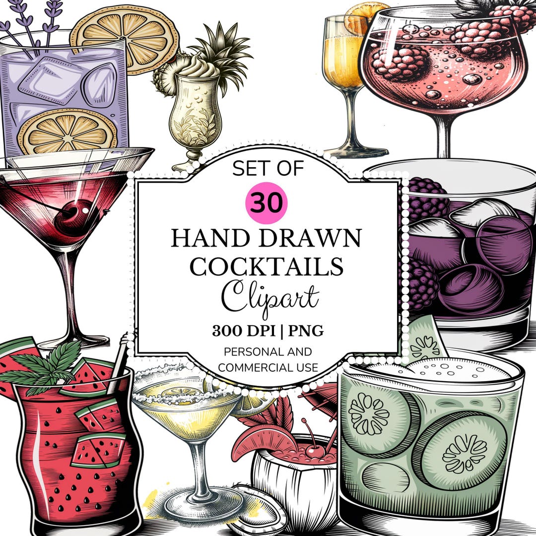 30 Hand Drawn Drink Clipart Bundle PNG & SVG | Cocktail and Mocktail ...