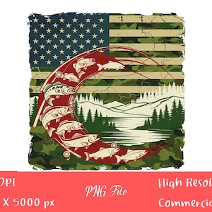 Fishing American Flag PNG: Camo Fisherman Shirt Design (Digital Download)