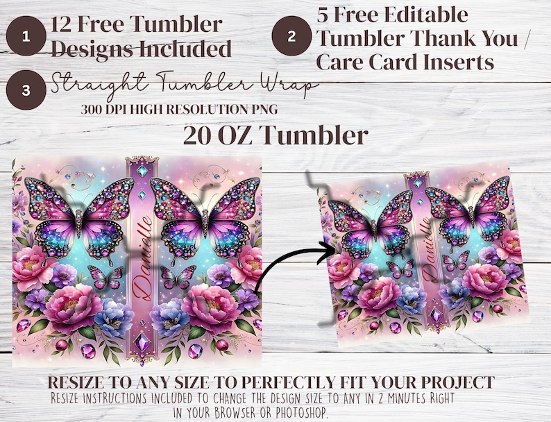 Adesivo per bicchiere termico con farfalla gioiello: design floreale a sublimazione (bicchiere termico sottile da 20 oz PNG) immagine 6