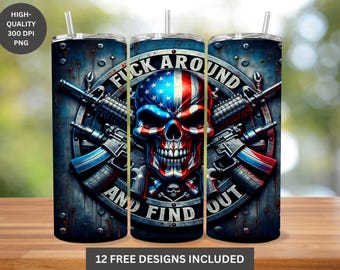 Tumbler con teschio e bandiera americana, design a sublimazione con armi patriottiche (PNG)