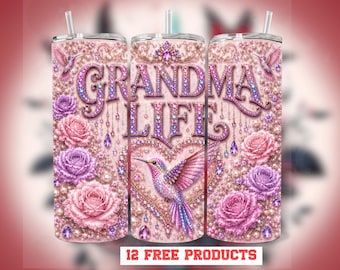 Grandma Gift Tumbler Wrap PNG for 20oz Skinny Cups, Grandma Life Hummingbird Sublimation Download