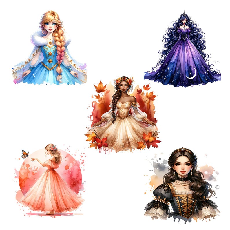 Watercolor Princess PNG Clipart Bundle, Fairytale Glitter Dress ...