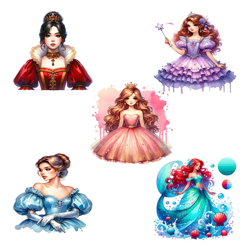 Watercolor Princess PNG Clipart Bundle, Fairytale Glitter Dress ...