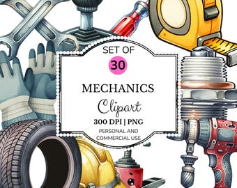 Watercolor Mechanic Clipart Bundle: Hand-Painted Automotive Tools (PNG Digital Download)