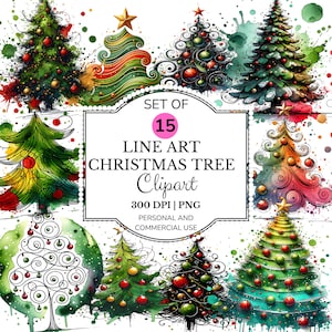 Line Art Christmas Tree Clipart PNG Bundle, Watercolor Scribble Tree Clip Art, Minimalist Holiday Tree Digital Download,Hand Drawn Xmas Tree
