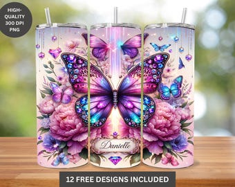 Adesivo per bicchiere termico con farfalle e fiori rosa: design con gioielli per bicchiere termico sottile da 20 oz (download digitale PNG)