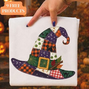 Halloween Patchwork Witch Hat PNG, Quilt Style Black Cat Spooky Season Graphic (Digital Download)