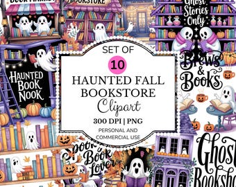 Haunted Bookstore PNG Bundle: Fall Ghosts, Pumpkins, and Books (Digital Download)