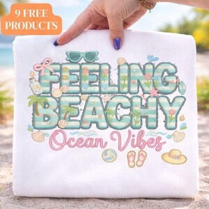Feeling Beachy Ocean Vibes PNG, Chenille Patch Lettering, Coastal Summer Graphic (Sublimation Download)