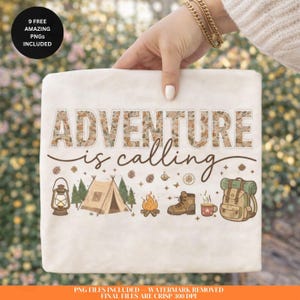 Imagen PNG de "Aventura llamando al camping", estilo bordado vintage, para exteriores (descarga digital).