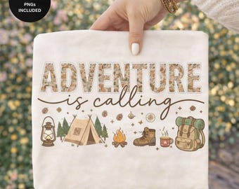 Adventure Calling Camping, png, vintage borduurstijl buitenafbeelding (digitale download)