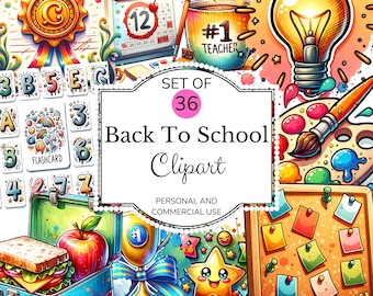 School Supplies Clipart Bundle Set, Teacher Clipart, Educational Clipart, Watercolor School Items, Planner Clipart, Stationery Clipart