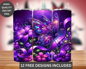 Lupus Butterfly Tumbler, Purple Floral Stained Glass, 20 oz Skinny Wrap (PNG)