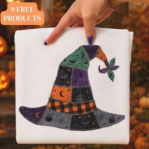 Patchwork Witch Hat PNG, Quilt Halloween Design, Spooky Season Shirt Graphic (Digital Download)