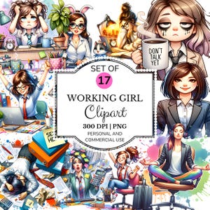Working Girl Watercolor Clipart PNG Bundle, Quirky Office Lady Clipart Set, Career Girl Sublimation, Digital Download Art